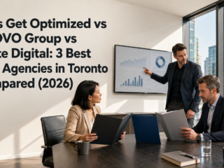 A strategist presents search charts while two executives compare proposal folders in a Toronto meeting room, framing the choice among Let’s Get Optimized, dNOVO and Ignite Digital.