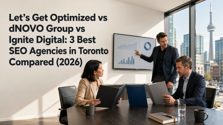 Let’s Get Optimized vs dNOVO Group vs Ignite Digital: 3 Best SEO Agencies in
Toronto Compared (2026) A strategist presents search charts while two executives compare proposal folders in a Toronto meeting room, framing the choice among Let’s Get Optimized, dNOVO and Ignite Digital.
