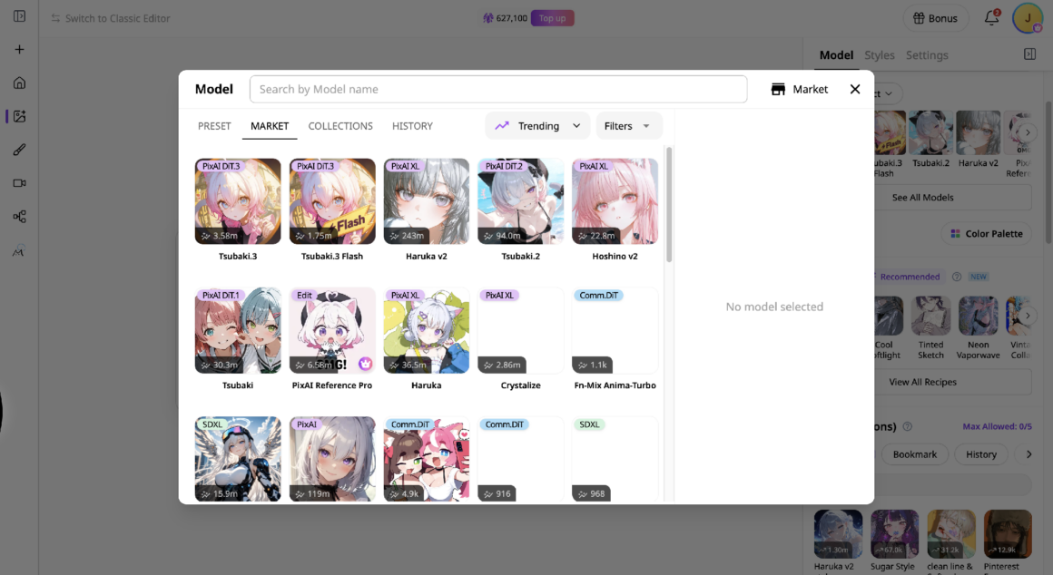 PixAI interface showing available image generation models